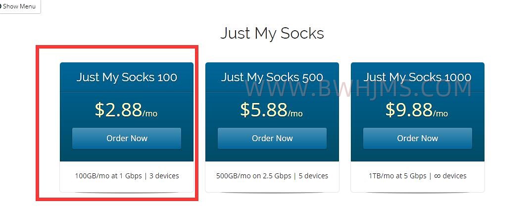 选择2.88美金的 Just My Socks 100套餐 